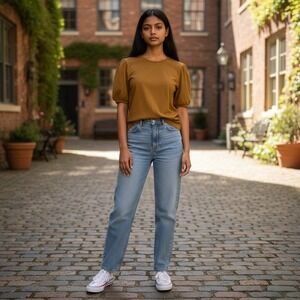 Madewell Top Tee XS Puff‎ Sleeve Ribbed Crew Neck Short Sleeve Mustard